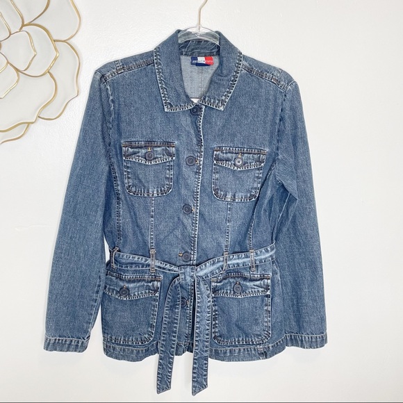 French Cuff denim short trench style shirt jacket - Picture 1 of 9